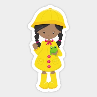 African American Girl, Raincoat, Rain, Boots, Frog Sticker